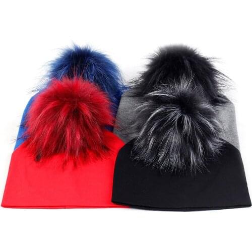 Children Beanie Hat With Faux Fur Pompom Cap For Winter Autumn Solid Color Beanies For Kids Warm Skull Hat