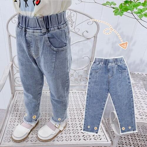 New childrens and girls' jeans pants 0-8 years old childrens printing flower long pants girls elastic belt lower garment