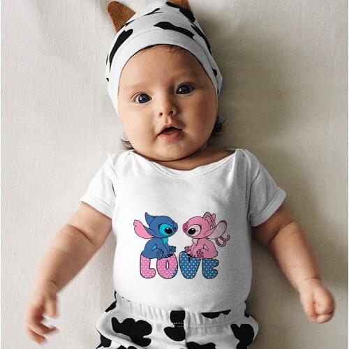 Toddler Romper Summer Kawaii Dropship Fashion Outdoor Lilo & Stitch Cartoon Pattern Short Sleeve 0-24M Baby Girl Boy Jumpsuit