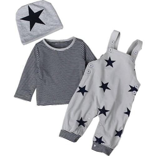Baby Boy Clothes 3pcs Clothing Sets Striped Cotton -shirt+Bibs Pants+Cap Star Pattern Fashion Newborn Bebes Clothes