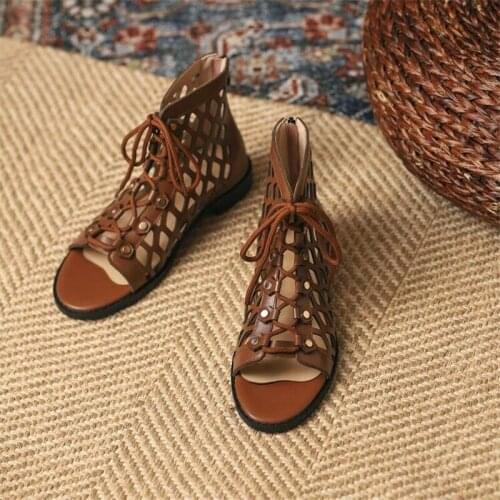 S Summer ladies sandals hollow cross strap low heel high heels square toe black white brown fashion party high heels