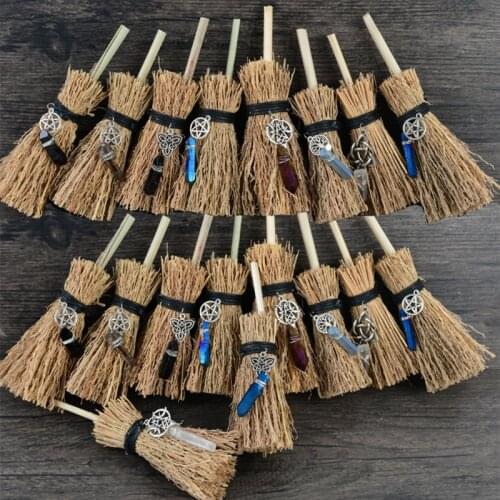 Mini Broom Straw Witch Brooms with Crystal Pendant Decorations for Halloween Wicca Altar Broom Witchcraft Accessories