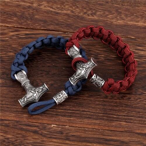 MKENDN Viking Rune Bead Survival Bracelet Vintage Thor Mjolnir Hammer Metal Lanyard Handmade Woven Paracord Rope Bangles