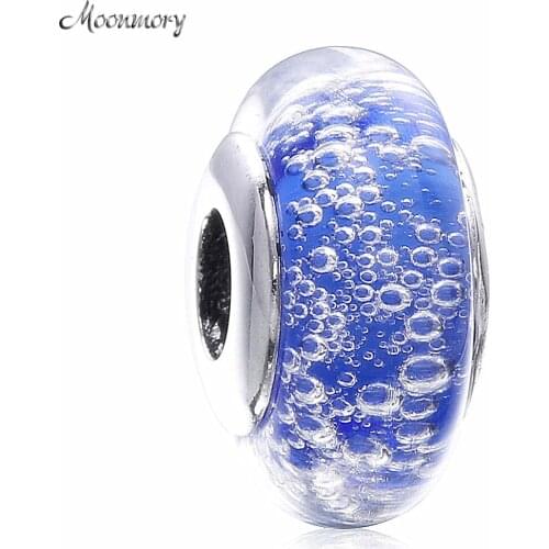 Moonmory 925 Sterling Silver Blue Murano Glass bead With Bubble Fits Original Brand Bracelet Sterling Silver DIY Glass Charm