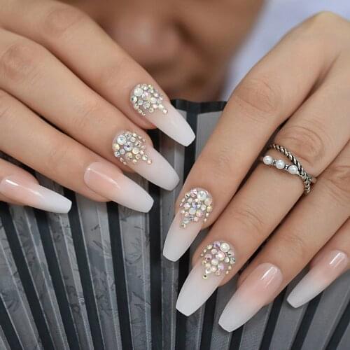 3D Bling Glitter Ombre Gradeint Natrual Nude French Ballerina Coffin False Fake Nails Extra Long Press on Party Finger Wear 24pc