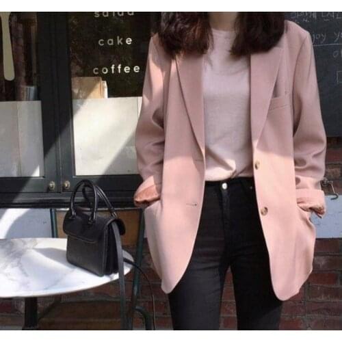 Autumn Winter Women Pink Korean British Style Suit Single Breasted Notched Casual Office Wear One Piece Blazers