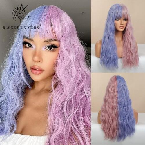 BLONDE UNICORN Long Wavy Synthetic Hair Wigs Ombre Grey Blonde White for Women Natural with Bangs For Women Heat Resistant Fiber