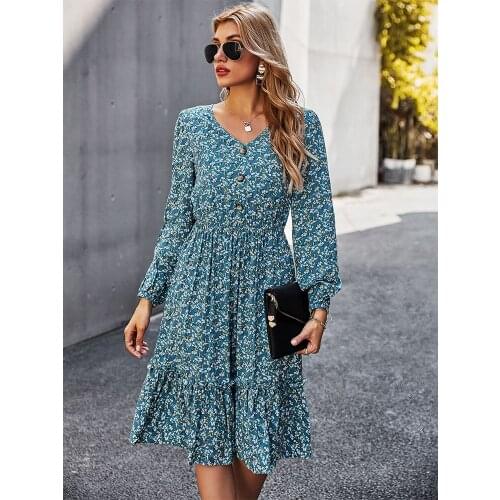 Floral Dress Long Sleeve V Neck Ruffle Mini Bohemian Beach Holiday Ladies Dresses Slim Elegant Vintage Plus Size Women Clothing