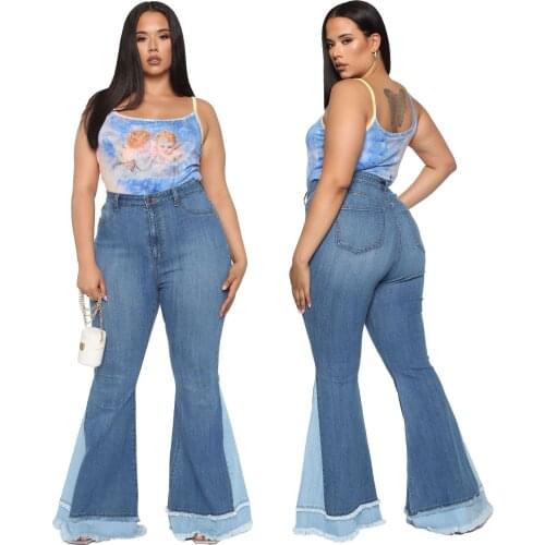 Plus Size Contrast Color Patchwork Women Streetwear Flared Jeans Lady Autumn High Waist Button Skinny Denim Bell-bottomed Pants