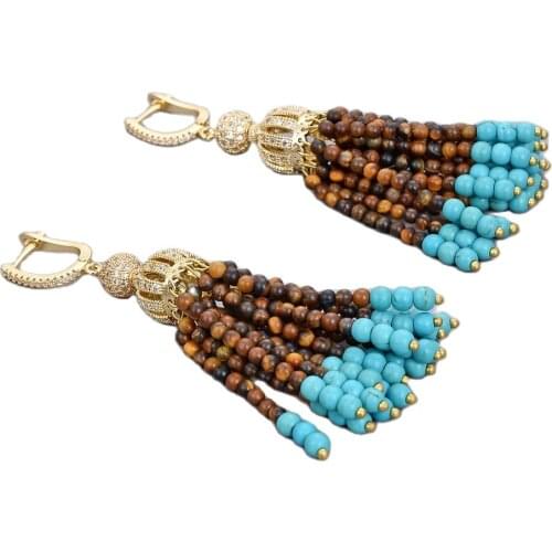 JK Yellow Tiger Eye Blue Turquoise Gems Stone Cz pave Cap Leverback Earrings