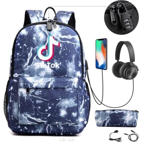 Tik Tok Prints Boys Girls Kids School bag Women USB Chain Backpack Canvas Men Bagpack Packsack Bookbag