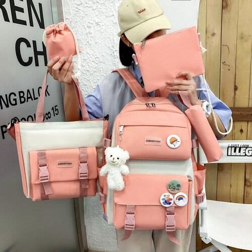Waterproof Large Capacity Student Scoolbags Fashion Womens Backpack 5-piece Cute Pendant School Bag For Teenage Girls Canvas