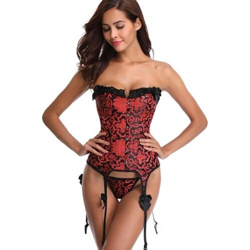 Wechery Corselet Steampunk Corset Sexy Gothic Red Floral Printed Vintage Gorsets Bustier Top for Women Plus Size S-6XL