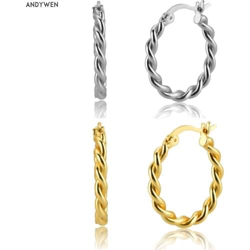 ANDYWEN 100% 925 Sterling Silver Gold Big 20mm Twist Hoops Pendiente 2020 Screw Luxury Women Circle Round Earring Jewelry