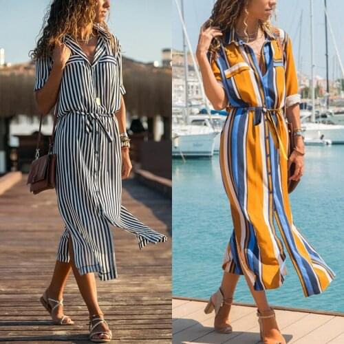 Long Striped Dress Women Lapel Double Slit Sexy Ladies Office Dress Shirt Sukienka A Line High Waist Button Up Dress Belted Xxl