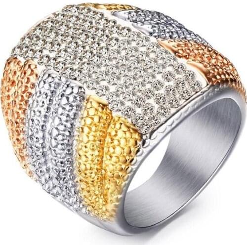 3-tone Dome Cocktail Ring with Pave Clear Cubic Zirconia Band for Woman Christmas Gift