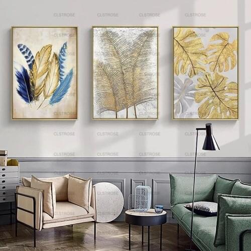Golden Leaves and Feathers Abstract Decorative Painting Poster Wall Artist Home Decorative Canvas Painting for Living Room