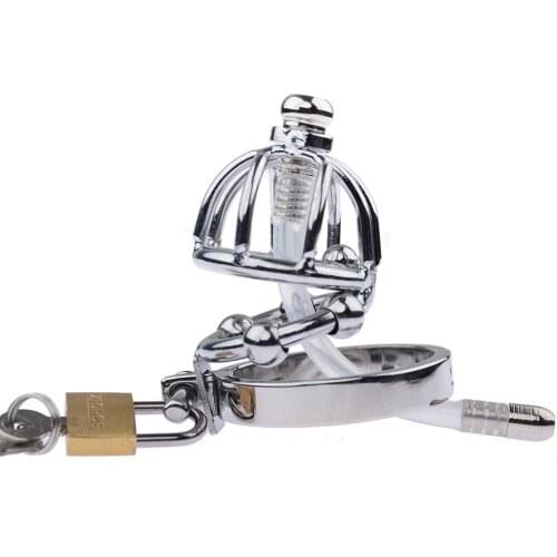 Four Beads Chastity Lock Stainless Steel Cock Cage Penis Ring Male Chastity Device With Catheter Stealth Tube Adult Sex Toy