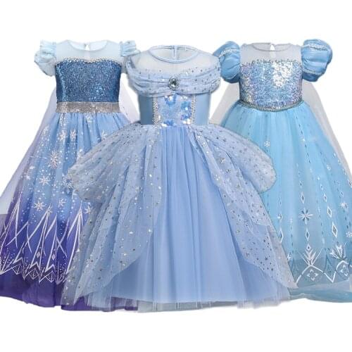 Halloween Carnival Costume For Kids Elsa Sequined Blue Princess Layered Mesh Tuller Dress For Girls Cosplay Dress Up Children