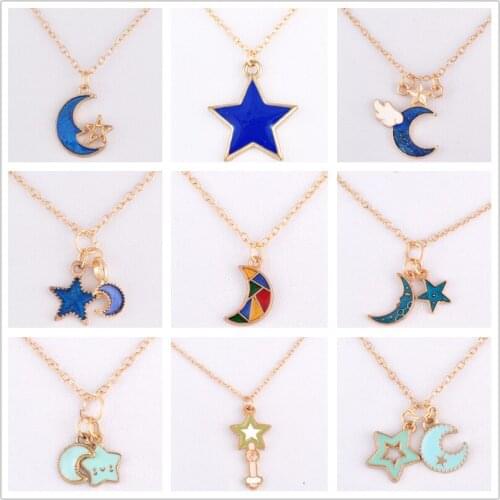 Enamel color moon star necklace pendant necklace gold link choker fashion costume jewellery women handmade boutique bijoux gift