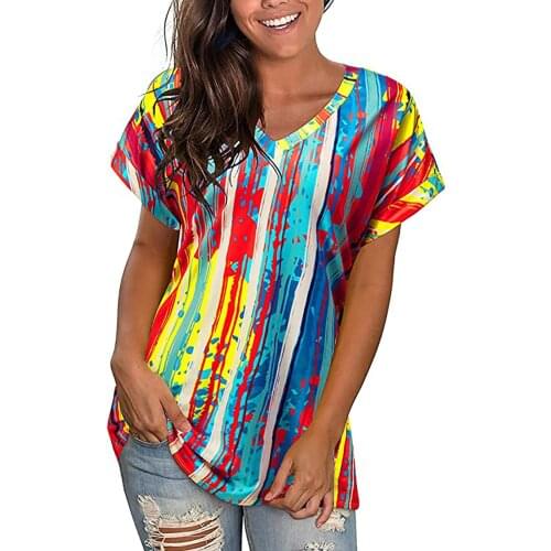 T shirt Womens Fashion Plus Size Gradient Color V-Neck Short Sleeve T-shirt Fashion casual Tops vintage футболка женская топ