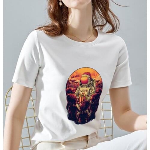 Womens Fashion T-shirt Summer Casual Commuter White Top Cartoon Alien Astronaut Print Round Neck Comfortable Ladies Camisetas