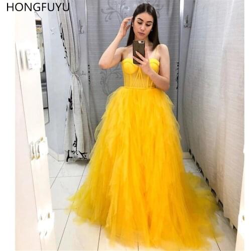 HONGFUYU Yellow Prom Dress Floor-length Tulle Satin A Line Long Evening Dresses vestidos de fiesta de noche Formal Gown платье