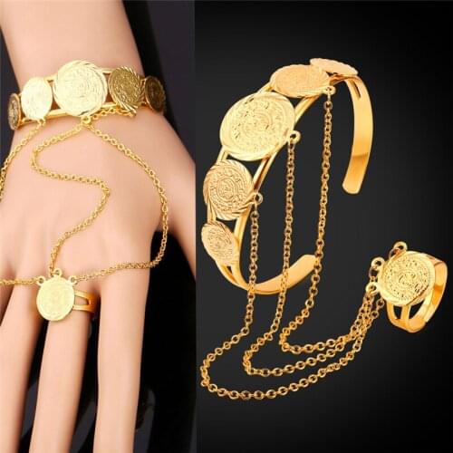 Coin Hand Chain Ring Bracelet Set For Men/Women Muslim Arab Money Sign Bracelet Ring Gold Color Vintage Jewelry Set HR1550