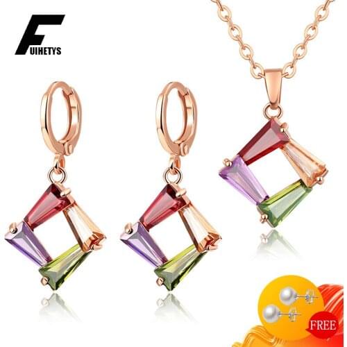 Trendy 925 Silver Jewelry Set Necklace Earrings Geometric Shape Topaz Gemstone Pendant Drop Earring for Women Wedding Engagement