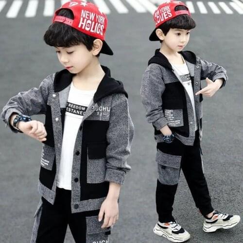 Boys Clothing Sets For Spring & Autumn 2021 New Fashion Hooded Patchwork Jackets With Trousers Two Pieces Suit Handsome Clothes