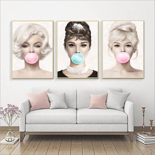 Marilyn Monroe Chewing Bubble Gum Canvas Prints Wall Art Picture Audrey Hepburn Painting Poster for Living Room Bedroom Decor