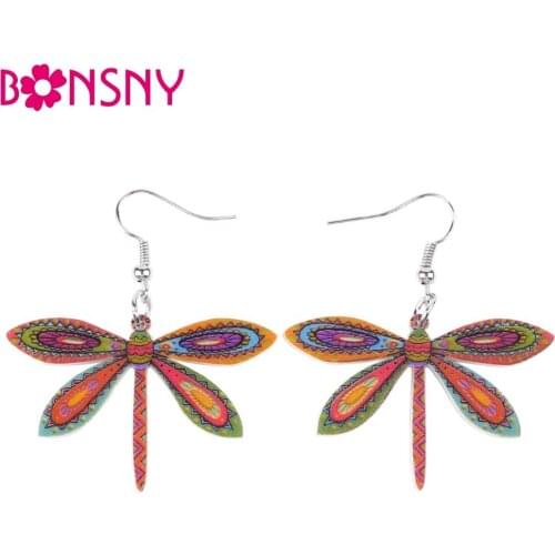 Bonsny Fashion Dangle Acrylic Dragonfly Earrings Long Drop Earring New Arrival 2016 Spring Summer Style For Girls Women Jewelry