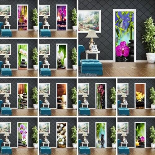 Door Sticker Self Adhesive DIY Stone Bamboo Flower Renovation Mural Waterproof Print Art Picture Home Decor Bedroom Renovation