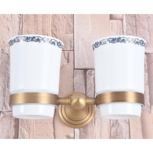 Wall Mounted Vintage Retro Antique Brass Bathroom Toothbrush Holder Set Bathroom Accessory Dual Ceramic Cup mba738