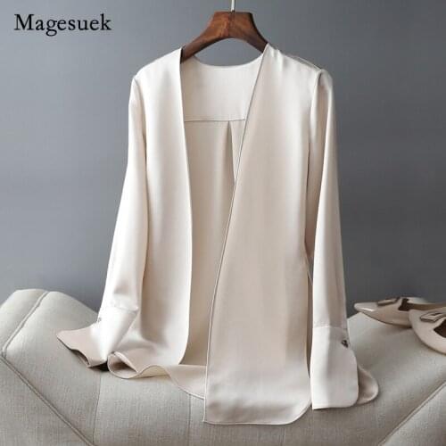 Solid Blouse Silk Plus Size Apricot Cardigan Shirt Suit Jacket Temperament 2021 Autumn Spring New Fashion Blouse Blusa 16631