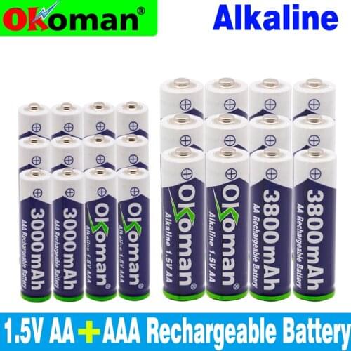 Okoman 1.5V AAA 3000mAh Alkaline Battery + 3800mAh AA Alkaline Battery for Toy with LED Light Timer MP3 Player