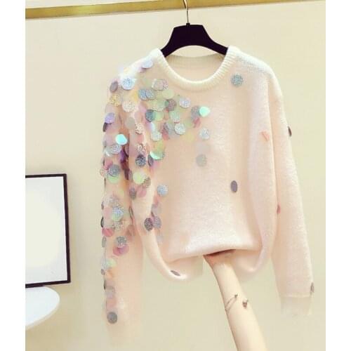 Autumn Winter New Knitted Women Sweater Pullovers Loose Shine Sequined Lady Elegant Pulls Outwear Tops