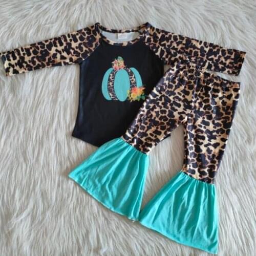 Fall/winter baby girls sets bell-bottoms Bright color pumpkin leopard print suit children clothes boutique outfits