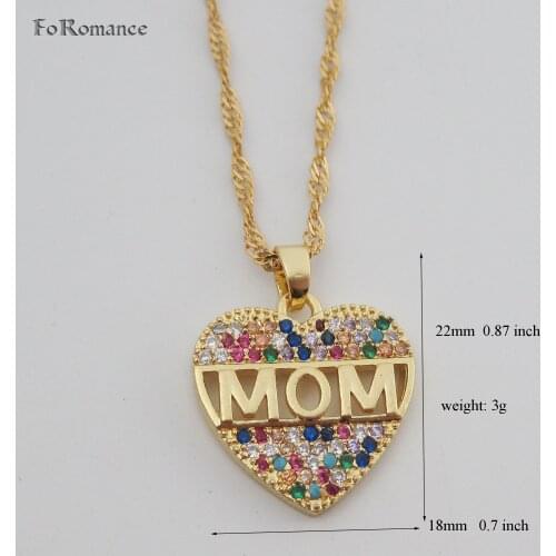 YELLOW GOLD GP PLATED 18" WATER WAVE NECKLACE & VIVID HEART SHAPE COLORFUL STONES WORD MOM PENDANT