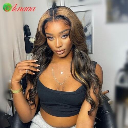Peruvian 13x4 Lace Front Wigs Dark Highlights Body Wave Human Hair Wig Pre-Plucked Wet Wavy Closure Wig Perruque Cheveux Humain