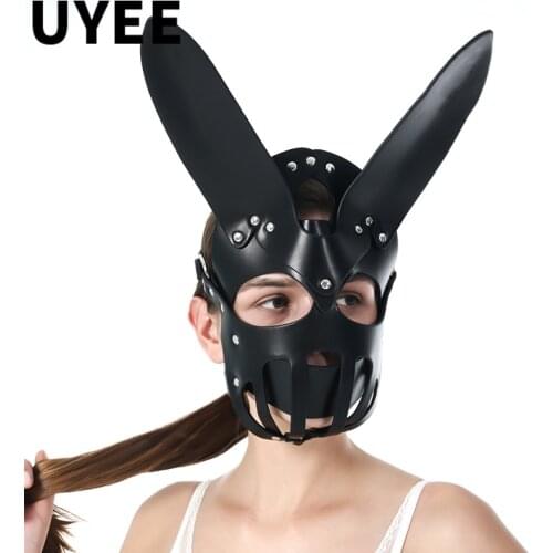 UYEE Gothic Women Sexy Cosplay Mask Mouth Face PU Leather Mask Costume Masquerade Party Carnival Ball Fancy Black Bunny Masks