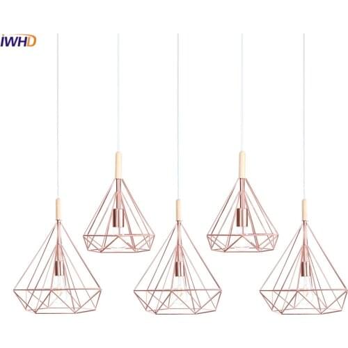 IWHD Iron Cage Nordic Pendant Lights LED Rose Golden Modern Hanglamp Loft Droplight Fixtures Home Lighting Luminaire Suspendu