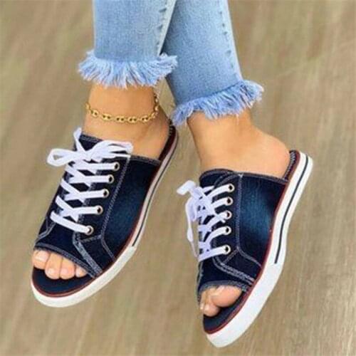Soft Comfortable Brand Slippers Women Outdoor Denim Slippers Summer Lace Up Design Flat Sandals Non-slip Casual Beach Slides