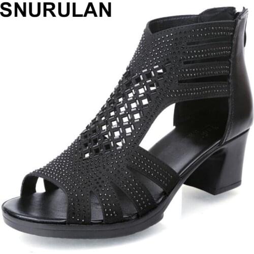 SNURULANHot 2020 new summer fish mouth rhinestone cowhide sandals comfort non-slip high heel sandals elegant charm women sandals