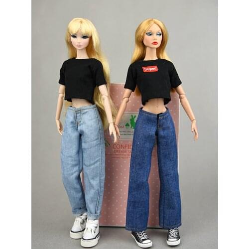 Top + Jeans Pants / Blue bell-bottomed pants and white black top clothing outfit for 30cm barbie kurhn xinyi Fr2 ob Doll