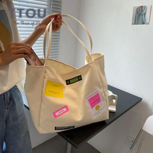 Large Capacity Label Design Canvas Shoulder Bag for Women 2021 New Summer Cute College Tote Bag Graffiti Color Commuter Handbag