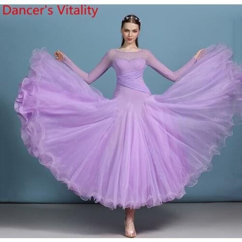 Adult Modern Dance Rhinestone Performance Costume Long Sleeve Big Hem Spadex Dress Ballroom National Standard Waltz Dancing Sta