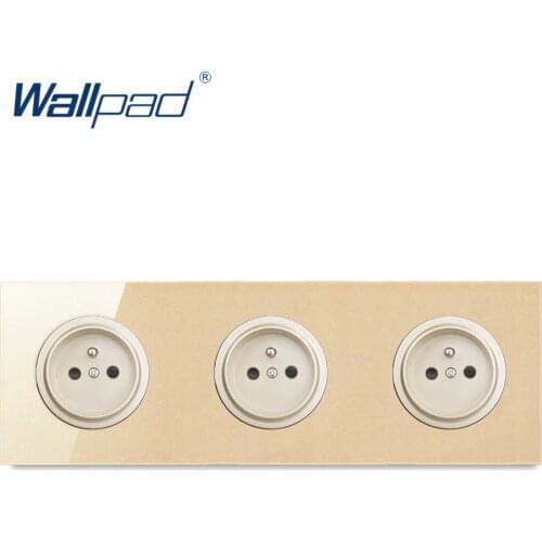 Wallpad Triple EU French Wall Power Socket Outlet Gold Crystal Glass Panel Grounded With Child Protective Lock