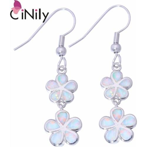 CiNily Created Blue White Fire Opal Silver Plated Wholesale for Women Jewelry Wedding Party Drop Earrings 1 5/8" OH3001 OH3002