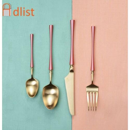 1 PC Western pink Gold Cutlery Sets Stainless Steel Dinner Knife Forks Teaspoon Dinnerware Set Christmas Gift Metal Tableware